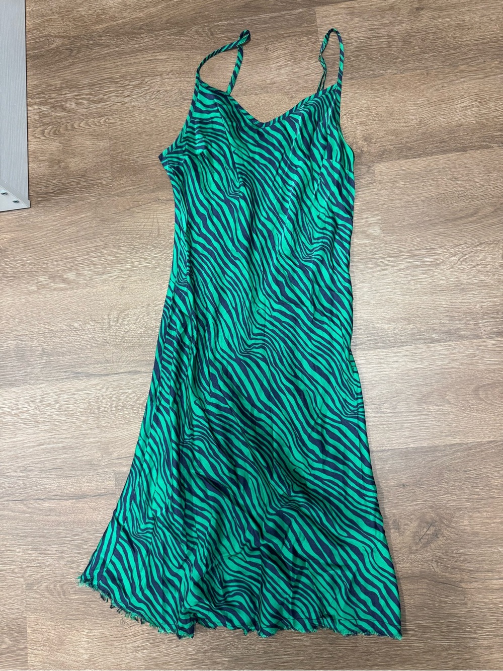 Emerald Zebra-Print Slip Midi Dress with Slim Straps